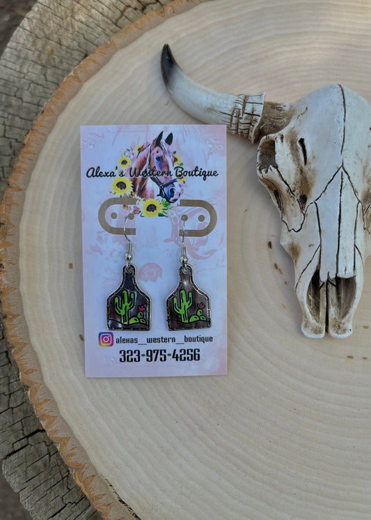 Cow Tag and Cactus dainty Earrings