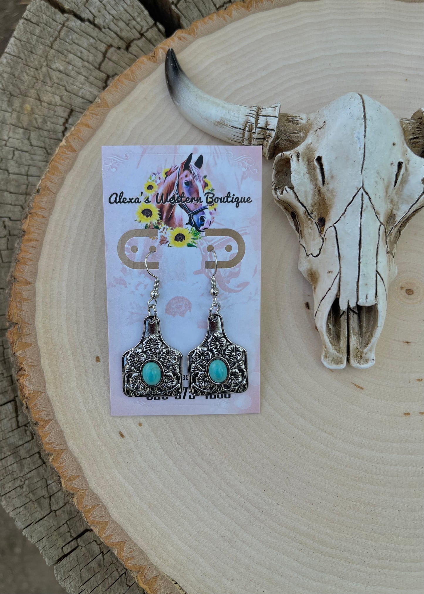 Turquoise Cow Tag Earrings